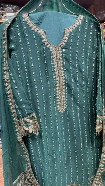 Pakistani Merakish Luxury Chiffon Stitched 3Pcs _  Racing Green 